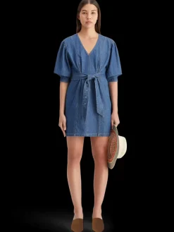 Clearance Belted v - neck washed denim dress Women Dresses & Jumpsuits