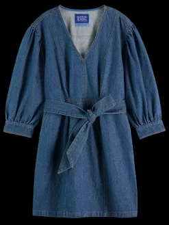 Clearance Belted v - neck washed denim dress Women Dresses & Jumpsuits