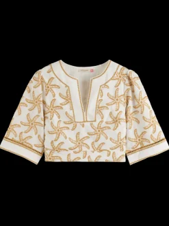 Discount EMBROIDERED LINEN CROP TOP Women Tops & T-shirts