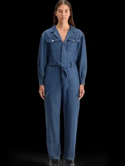 Fashion LIGHTWEIGHT DENIM JUMPSUIT IN DARK WASH WITH TONAL DETAILING Women Dresses & Jumpsuits
