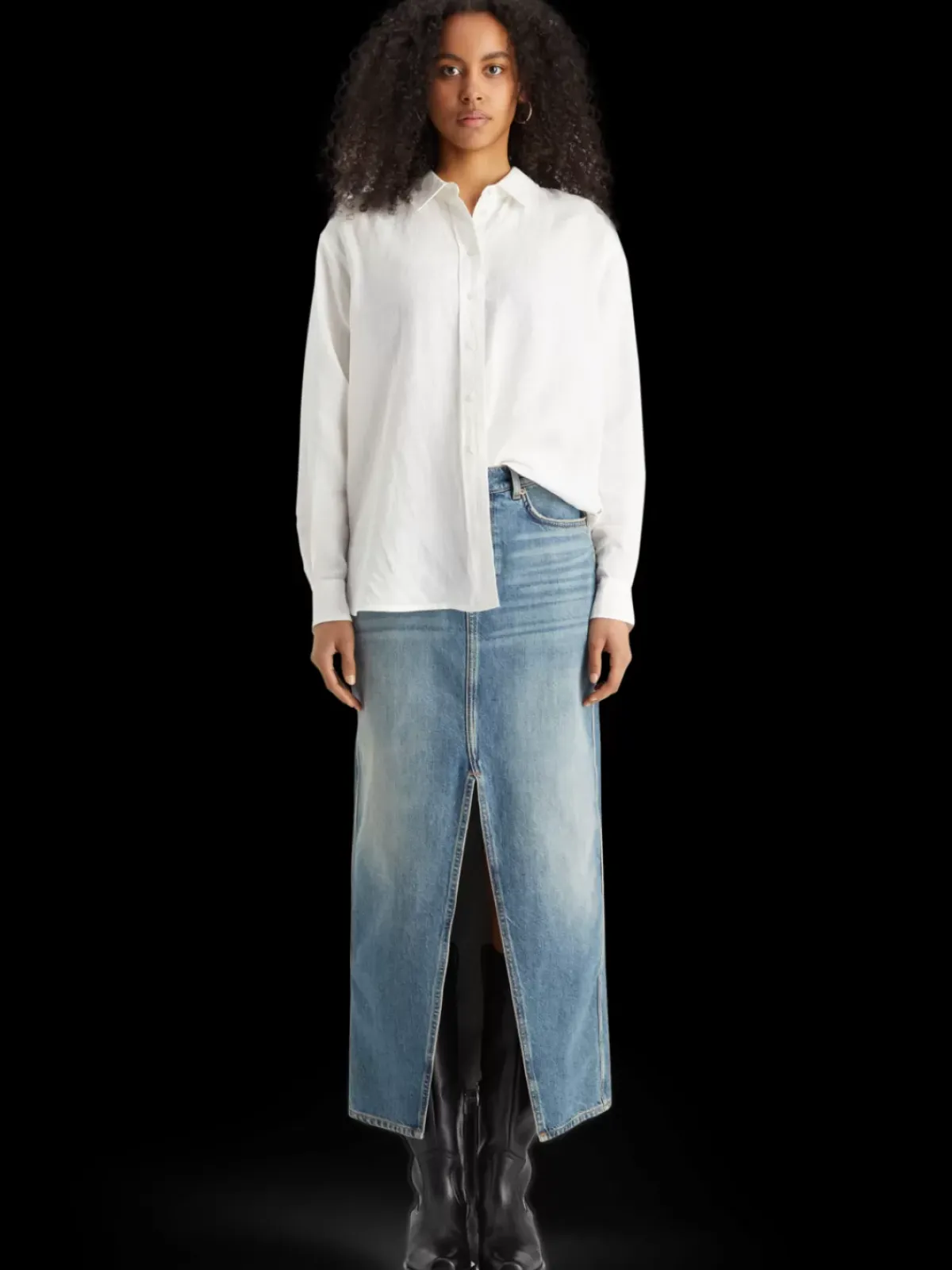 Fashion Long vintage washed denim skirt with front split Women Skirts & Shorts