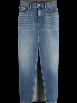 Fashion Long vintage washed denim skirt with front split Women Skirts & Shorts