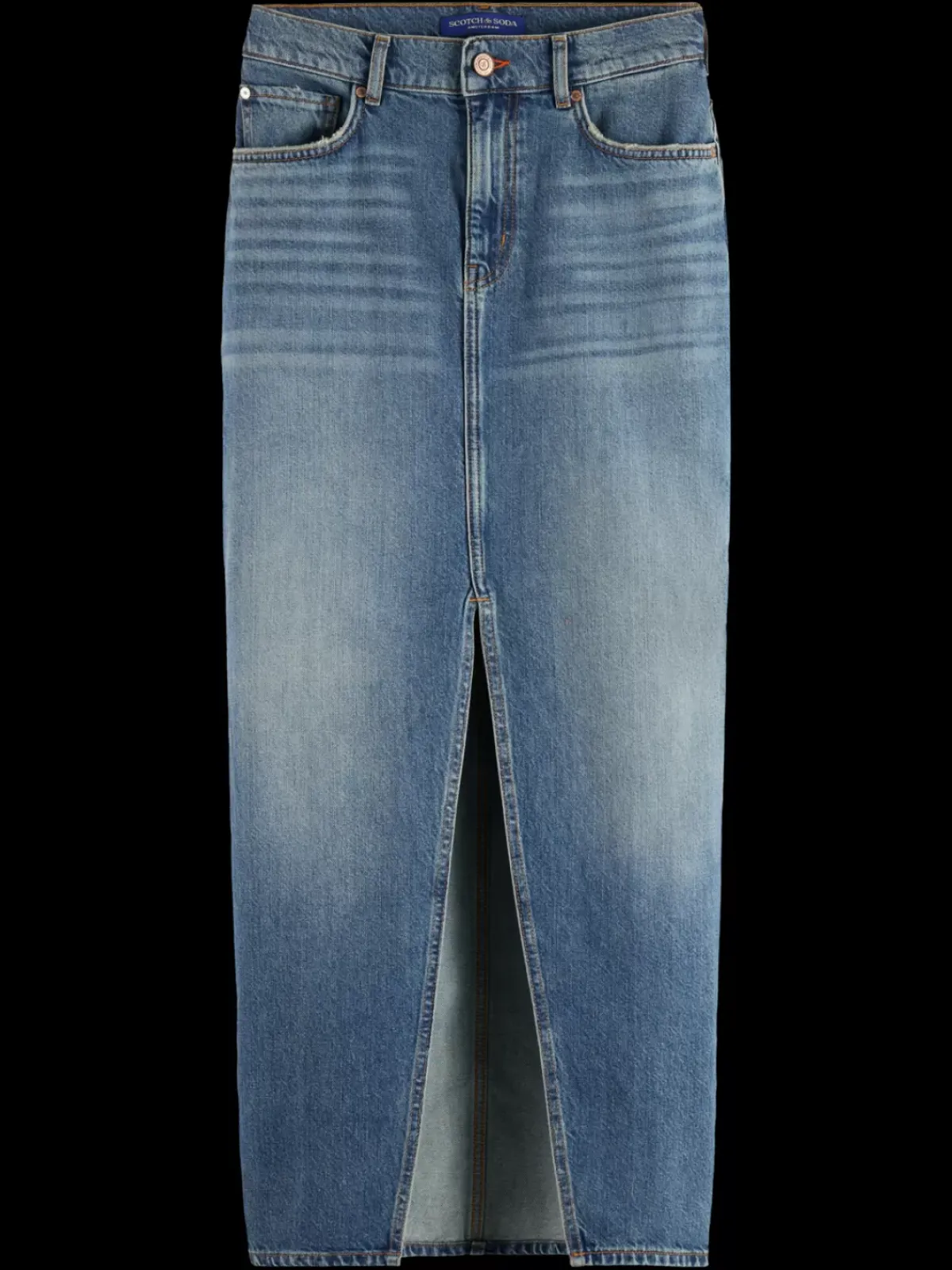 Fashion Long vintage washed denim skirt with front split Women Skirts & Shorts