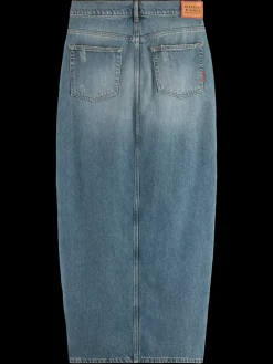 Fashion Long vintage washed denim skirt with front split Women Skirts & Shorts