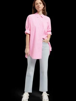 New OVERSIZED POPLIN SHIRT IN FLUO PINK /WHITE STRIPE Women Tops & T-shirts