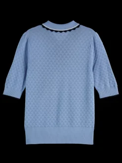 Hot Pointelle collared knitted tee Women Knitwear