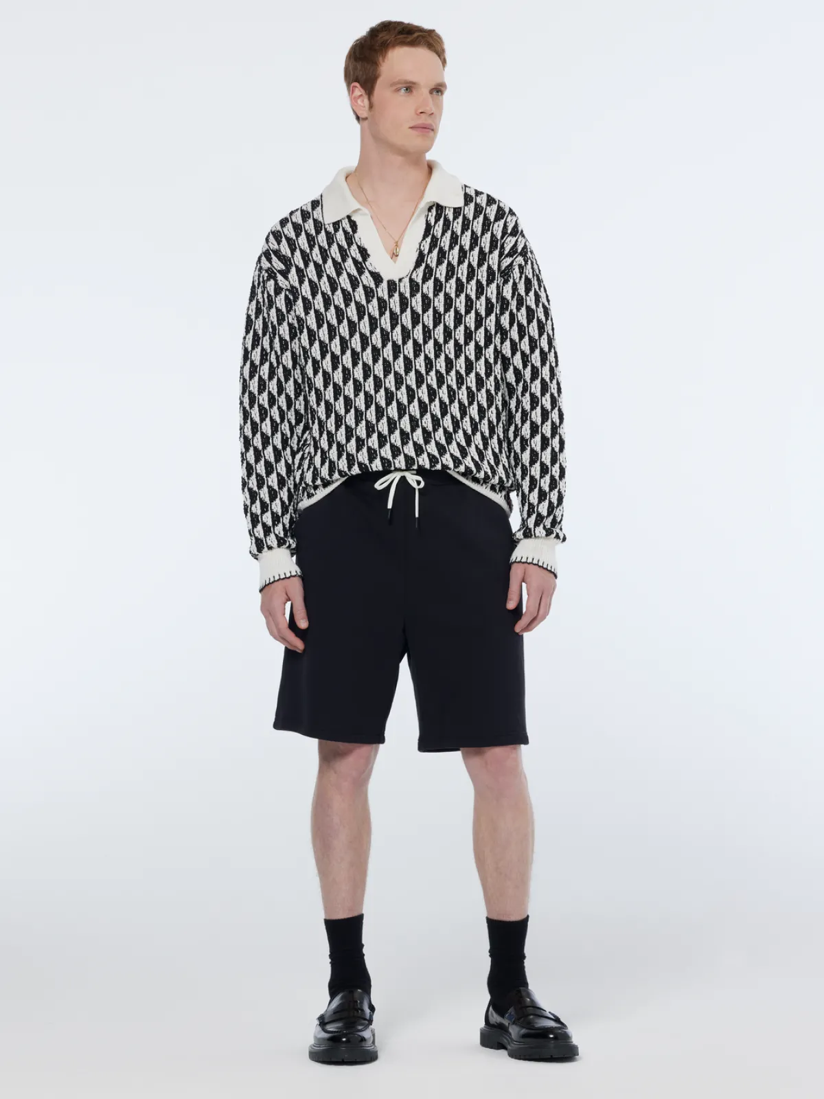 Online Textured jacquard dropped shoulder long sleeve polo Knitwear