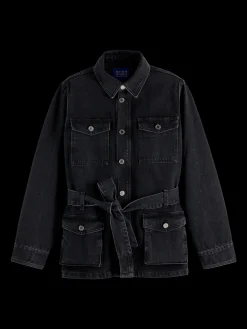 Discount WORKED OUT BLACK CARGO DENIM JACKET  WITH BELT Women Jackets & Coats